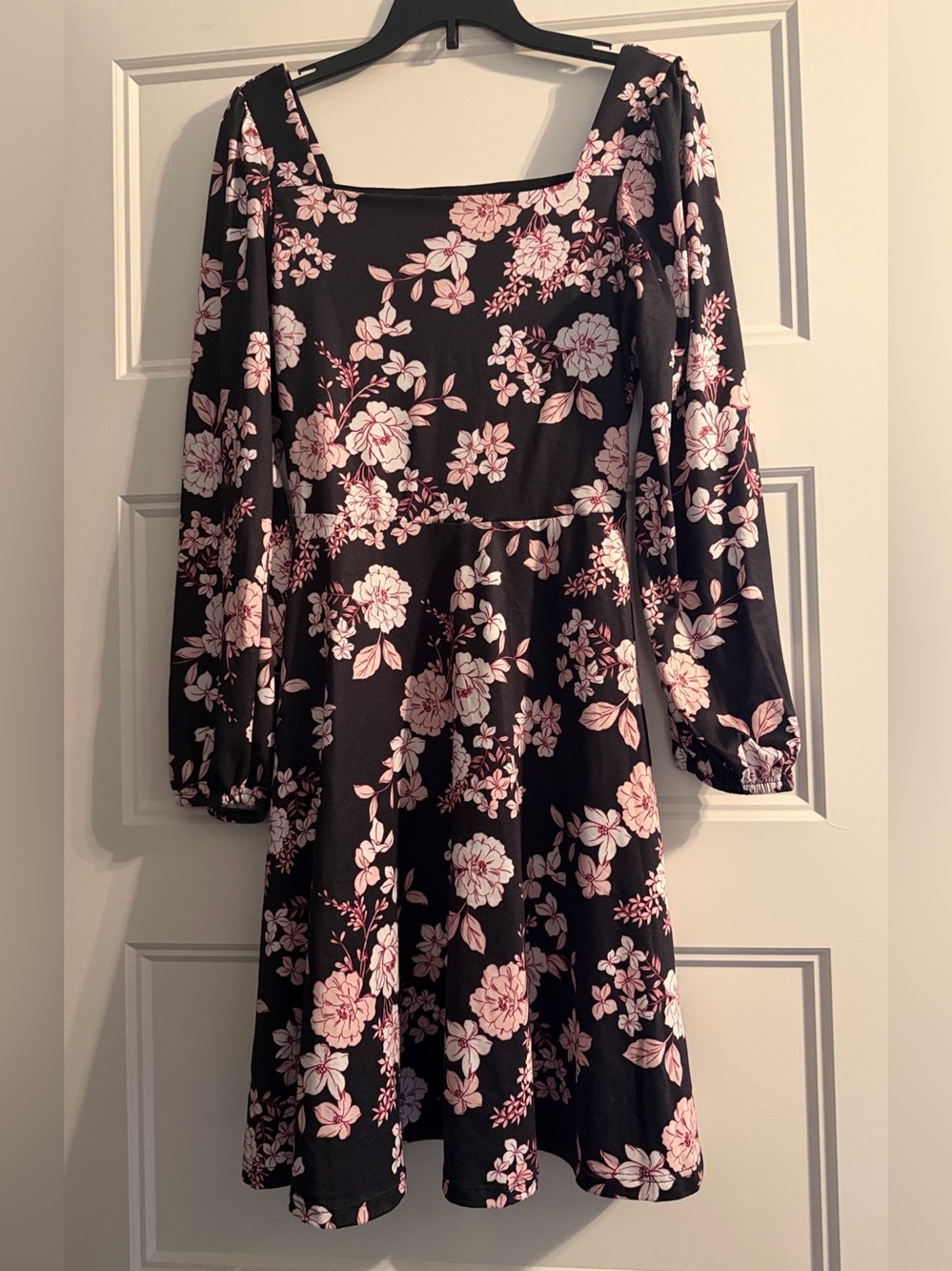 Xtraordinary Black Long-Sleeve Square-Neck Dress with Pink Floral Print